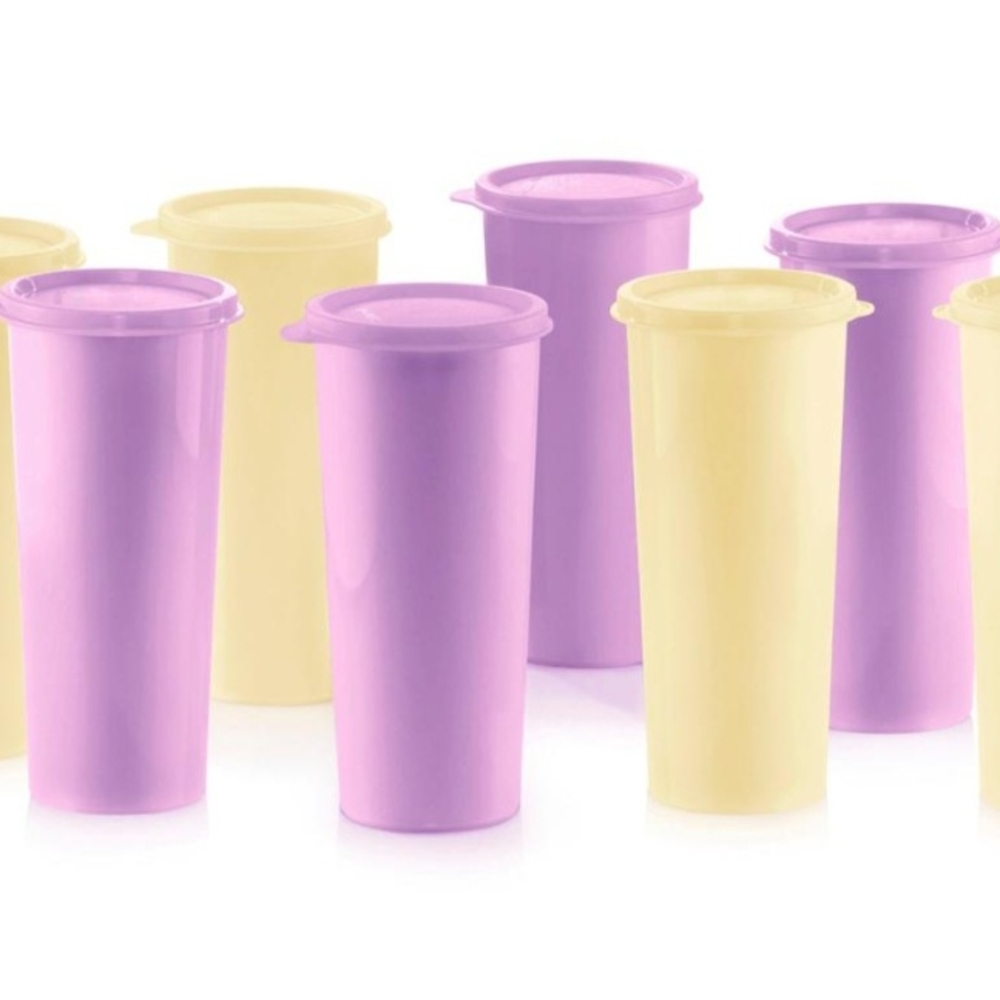 Tupperware Set of 4 Purple and Yellow 16oz Tumblers With Lids